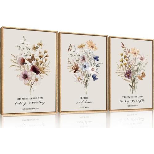 Boho Christian Floral Scripture Wall Art Set of 3, Bible Verse Flower Painting, Religious Wildflower Artwork for Living Room, Bedroom, Fireplace, Modern Botanical for Home Decor- 24X36