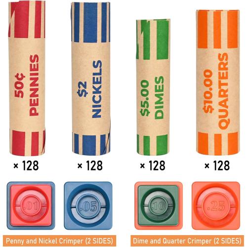 THEBLUETOUCH 512 Assorted Preformed Coin Wrappers with Coin Roll Crimpers