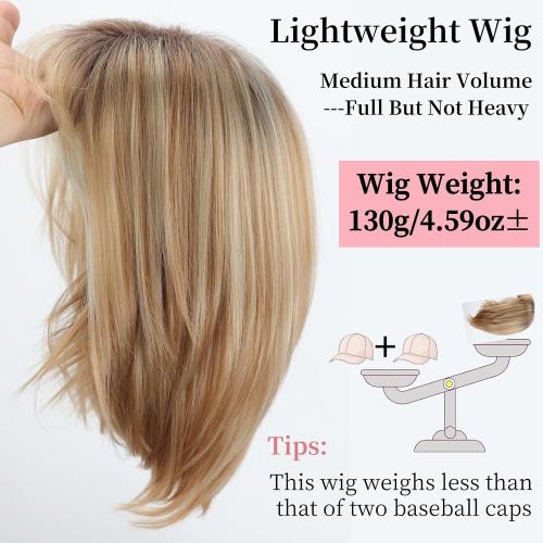 RENERSHOW Medium Length Bob Wigs for White Women Layered Blonde Highlight Straight Pixie Bob Wig with Bangs Heat Synthetic Natural Daily Party Wig 12inch Average Size Wig