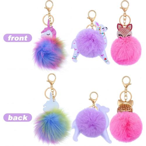 3 Pieces Animal Pom Pom Keychain Cute Fluffy Key Ring Unicorn Keychain for Women Bag Accessories