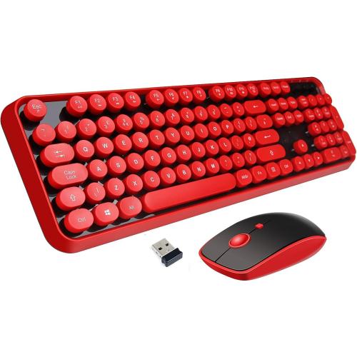 Red Wireless Keyboard and Mouse Combo, Retro Typewriter Style Round Key Keyboard with Bubble Keycaps, 2.4GHz Creamy Clicky Aesthetic Full Size Keyboard with Number Pad for PC Laptop Desktop