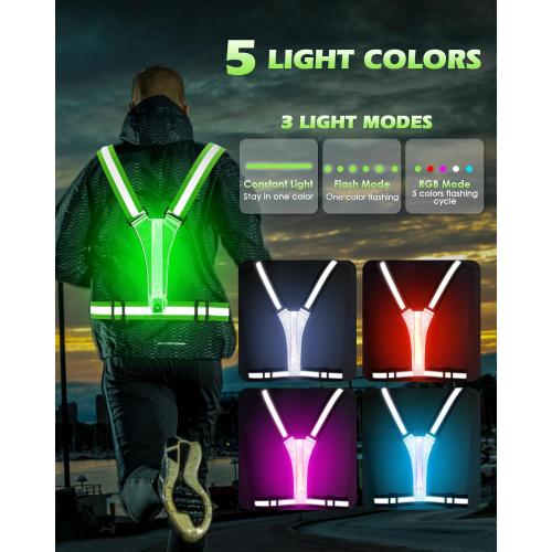 Zacro LED Reflective Vest Running Gear, 5 Lights Colors High Visibility Reflective Running Gear Rechargeable Light Up Running Vest for Walking Running Cycling, Adjustable for Men Women Kids