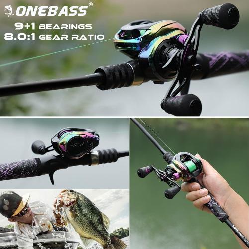 One Bass Fishing Rod and Reel Combo, Medium Fast Baitcasting Combo, 24-Ton Carbon Fiber 2 Pieces Fishing Poles with Baitcaster Reel Super Polymer Handle