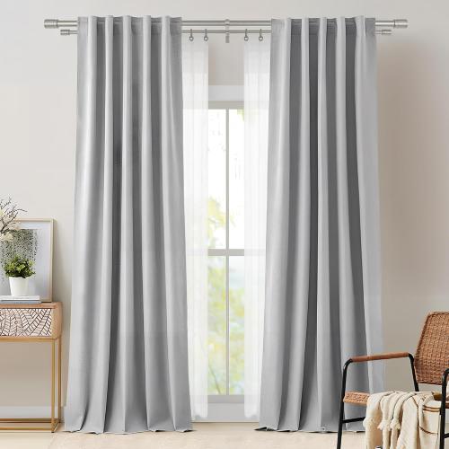 Double Curtain Rod 140 to 164 Inch,1 Inch Heavy Duty Curtain Rods for Windows with Solid Aluminum Cylindrical Finials and Bracket,1’’ Front and 5/8’’ Back Telescoping Double Drapery Rod,Brushed Nickel