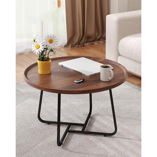 20 inches Round Coffee Table, Wooden Surface Top & Sturdy Metal Legs Coffee Table with Fluted, End Table for Living Room Bedroom Office Balcony Yard (Walnut, 20 inches)