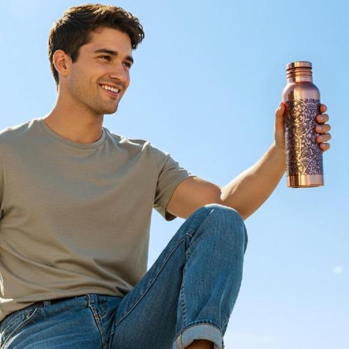 34oz Aquatic DARK EMBOSSED Ayurvedic Copper Water Bottle 34oz - Pure Copper Bottle for Sports, Fitness, Yoga - Natural Health Benefits - Made in India