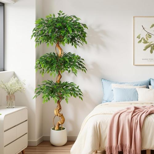 Artsleafy 6ft Large Ficus Artificial Trees in White Pot, 72 Tall Fake Silk Tree with Natural Curved Trunk, Lush Faux Ficus Tree for Indoor Home Decor, Living Room, Office & Patio