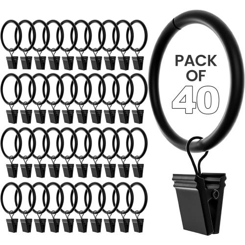 40 Pack of 1.5 Black Curtain Rings with Clips 1.5 Inch Set of 40 Heavy Duty Curtain Hooks for Drapes, Caps, Pictures - fits on Rod Diameter Upto 1.25Inch/32mm… (Black, 1.5 Inch - 40 Pack)