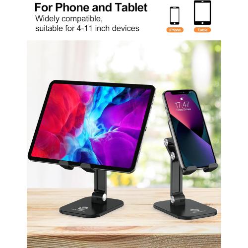 OCYCLONE Phone Stand, Adjustable Height and Angle Foldable Cell Phone Stand Holder for Desk, Taller iPhone Stand Compatible with 4.7-13 Smartphones iPad Tablet, Black
