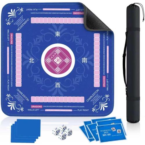 Mahjong Mat (33x33) with 6 Mahjong Playing Instructions,4Tile Mixer,4Dice & Carrying Bag,Non-Slip and Silent Travel Mahjong Set for Mahjong/Poker/Board Games/Card Games/Dominoes (Blue-1)