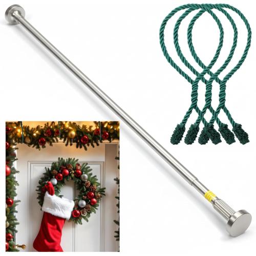 Leinuosen Christmas Front Door Garland Hanger 43-74 Inch Adjustable Christmas Wreath Hanger Stainless Steel Retractable Rod with 3 Green Tie Ropes No Nail Screw No Damage for Xmas DIY Hanging(Silver)