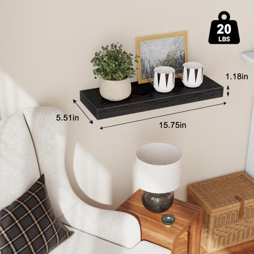Fixwal Floating Shelves for Wall, 15.7 Wood Wall Mounted Shelves for Living Room, Bedroom, Bathroom and Kitchen, for Storage, Books, Room Decor (Black, Set of 2)