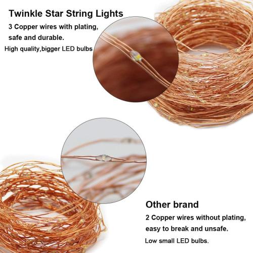 Twinkle Star 200 LED 66 FT Copper Fairy String Lights 8 Modes LED, USB Powered with Remote Control for Christmas Tree Wedding Party Home Decoration, Warm White