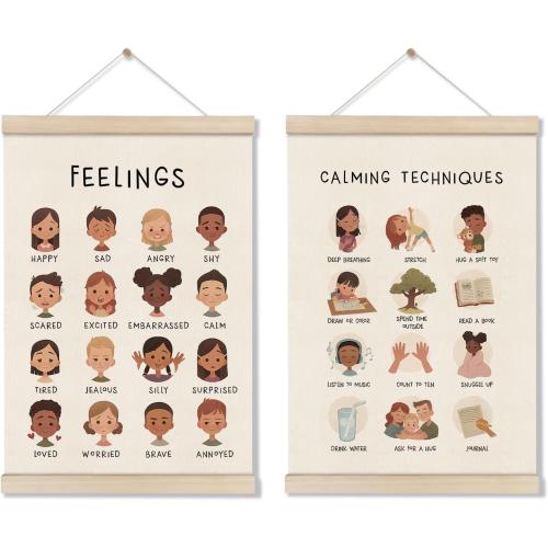 DOI-LANEE Feelings Chart 16x12 Inch, Mental Health Poster Hanger Frame, Montessori Emotions Poster Wall and Therapy Office Decor, Psychology Gifts, Set of 2 Preschool Classroom Decor
