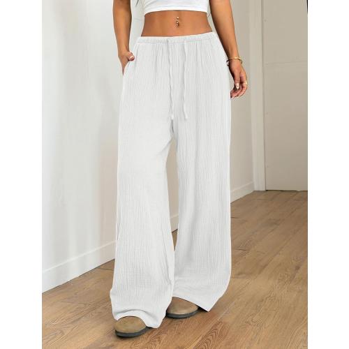 ZAFUL Drawstring Elastic Low Waist Flowy Palazzo Pants for Women with Pockets Casual Loose Pant Spring Summer Outfits medium