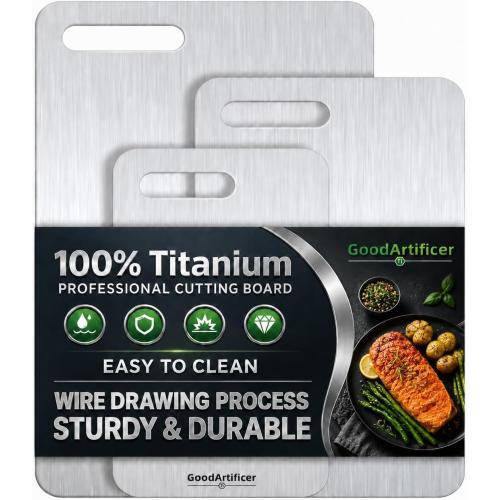 100% Pure Titanium Cutting Board for Kitchen Double-Sided Non-Toxic Titanium Cutting Board with Handle, Dishwasher Safe Chopping Board for Meat, Vegetables & Fruits, Cutting Board Set in S/M/L Sizes
