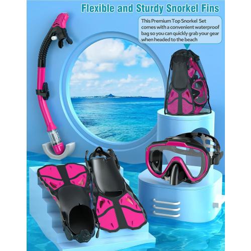 Color Pink Snorkel Set with Fins for Adults, Snorkeling Gear for Adults Men and Women, Snorkle, Mask Set Adults Dry Top Snorkel Mask Combo Set with Travel Bag for Snorkeling, Diving, Swimming