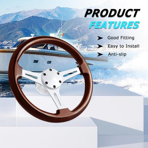 13.8 Boat Steering Wheel with 3/4 Tapered Shaft, 6 bolts Wood Grain Classic Nostalgia Boat Steering Wheel for Seastar and Verad, for Marine Boats, Yacht,Vessels,Pontoon Marine-Mirrored-silver
