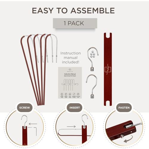 Mahogany MORALVE Pants Hangers Space Saving - European Beechwood Scarf and Jean Hangers - Closet Organizer and Space Saver Pant Rack, Leggings Hanger, and Scarf Holder with 360° Swivel Hook (1 Pack)