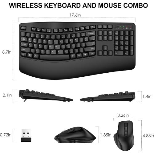 Wireless Keyboard and Mouse Combo, 2.4G Full Size Wave Keys Ergonomic Keyboard with Wrist Rest and 3-Level DPI Adjustable Wireless Ergonomic Mouse for Windows, Mac OS Desktop/Laptop/PC(Black)