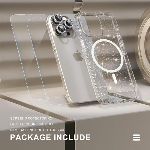 Choiche for iPhone 15 Pro Max Case Magnetic, Women Clear Glitter Bling Sparkly Case, [3xDiamond Camera Lens Protectors] [2xTempered Glass Screen Protectors] [Compatible MagSafe] (Glitter Clear)