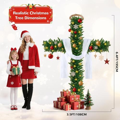 76 Inch Cross Christmas Tree with 2 Lights Strings and Garland Jesus Christ Catholic Cross Decor Decoration Foldable Xmas Tree for Indoor Outdoor Holiday, Yard, and Church Nativity Scene Decor