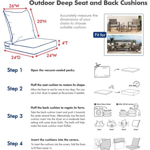 MIULEE Outdoor Seat Cushion Set Navy Blue 24 x 24 x 4 Inch Waterproof & Fade Resistant Deep Seat and Back Patio Furniture Cushions with Handle and Adjustable Straps Cushions for Chair Couch SET OF 3