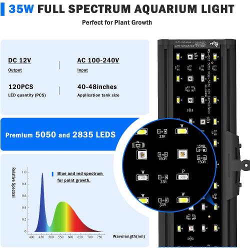 AQQA LED Aquarium Light, 24/7 Mode Clip on Fish Tank Light with Memory Function, DIY Mode Full Spectrum Aquarium Plant Light, Adjustable Timer/Brightness, IP68 Waterproof for 40-48 Inch Fish Tank 35W