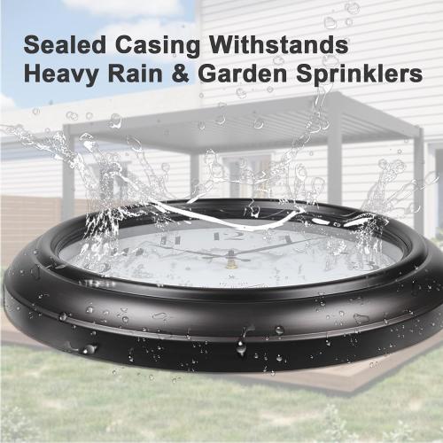 Atomic Outdoor Wall Clock  Sealed Outdoor Waterproof Clock with Temperature, Auto-Set Time, Easy to Read - Large Patio, Pool Clock for Outside, Backyard, Garden