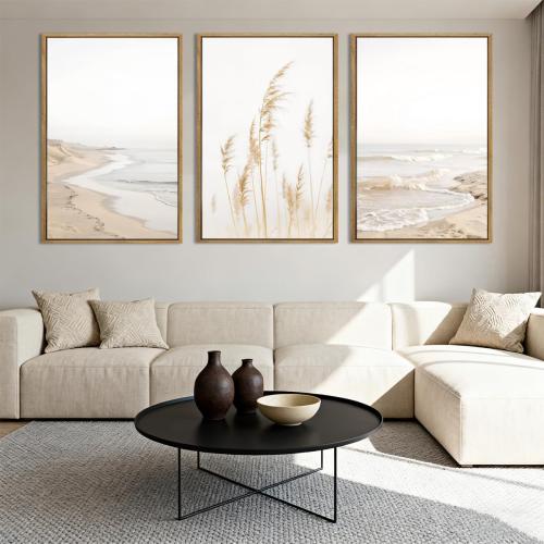 HPNIUB Modern Beach Artwork Seascape Wall Art, Seaside Framed Painting Reed Pathway Picture, Minimalist Neutral Coastal Landscape Wall Decor for Living Room,Bathroom -16'' x24'' x3