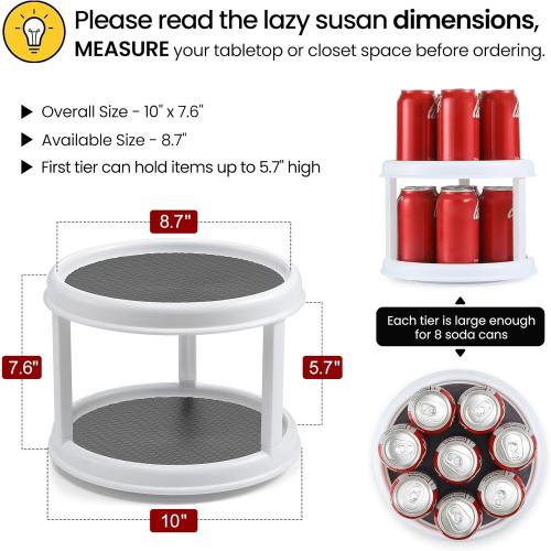 2 Tier 10 Turntable Lazy Susan Spice Organizer - Rotating Seasoning Rack for Pantry Cabinet Kitchen Countertop, Table Top Organizing - Multiuse Two Tier Rotating Organization Rack Spinner