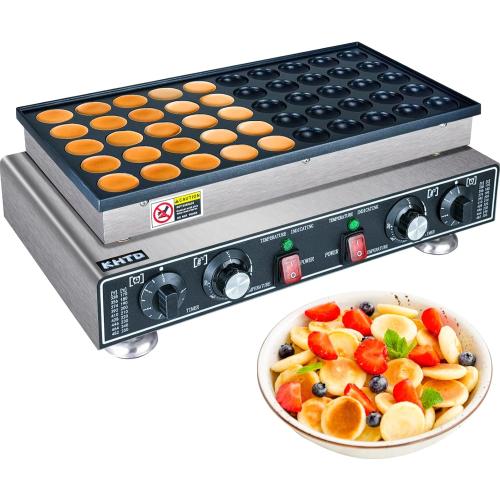 Size 12D×21W×7H Mini Pancake Maker Machine, 50PCS Electric Nonstick Dutch Pancake Maker 110V 1600W, Commercial Muffin Maker with 2 Thermostats & 2 Timers Separate Control for Home Restaurant (12D×21W×7H)