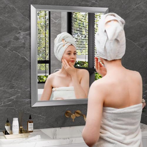 Amorho 24x30 Inch Bathroom Mirror Silver, Thick Metal Framed Wall Mirrors for Over Sink, Brushed Nickel Mirror Perfect for Bedroom, Living Room, Entryway, Rectangle (Horizontal/Vertical).