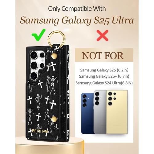 Petitian for Samsung Galaxy S25 Ultra Case with Wallet - Women Girls Cute Girly Aesthetic Unique Design Leather Credit Card Holder Cardholder Stand Wristband for S25 Ultra, Skull
