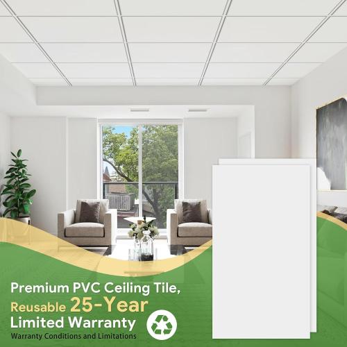 10Pack White Smooth Drop Ceiling Tiles Waterproof High-Grade PVC Ceiling Tiles Fire-Rated - Easy Drop-in Installation - Case of 10