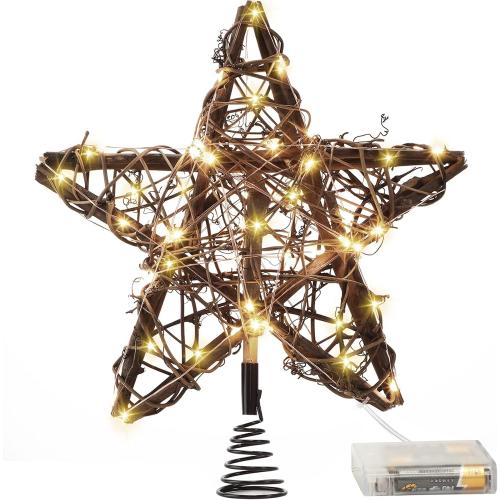 Christmas Star Tree Toppers Rattan Natural Xmas Tree Topper Lighted with 10 Inch 50led Warm White Lights, Rustic Star Treetop for Christmas Ornament Indoor Party Decoration