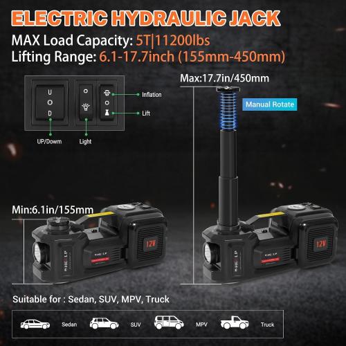 E-HEELP Electric Car Jack Kit 5Ton 12V Hydraulic Car Jack Lift (Lifting Range: 6.1~17.7 inch) with Electric Impact Wrench for SUV MPV Sedan Truck Change Tires Garage Repair