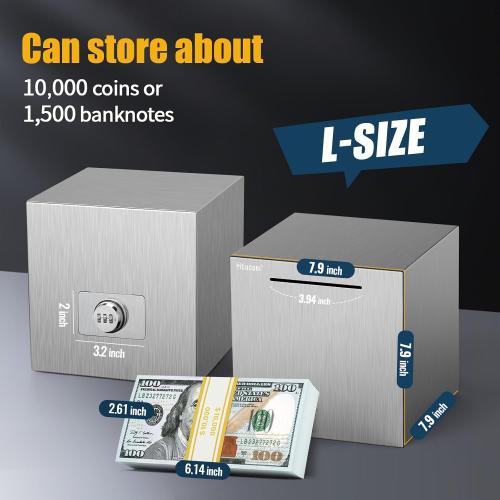 hicocool Piggy Bank for Adults Password Stainless Steel Reusable Piggy Bank, Metal Money Box with Lock, Unbreakable Money Saving Box for Cash Saving(7.9 inch, Silver)