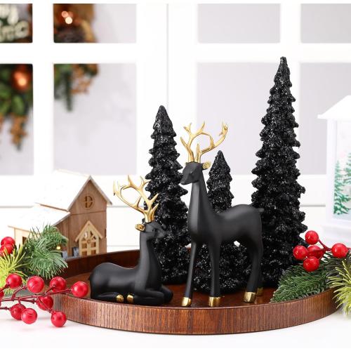 Pinkunn 5 Pcs Reindeer Christmas Decor and Trees Christmas Resin Sitting Standing Lucky Deer Reindeer Figurines for Tabletop Indoor Home Decorations Mantle Cabinet Desktop Office(Black)