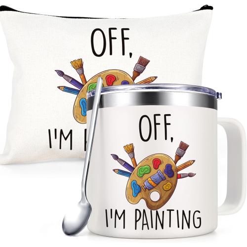 Lifecapido Artist Gifts, I'm Painting 14oz Coffee Mug with Makeup Bag, Gifts for Artist Women, Art Teacher Appreciation Gifts, Christmas Art Gifts for Artist Painter