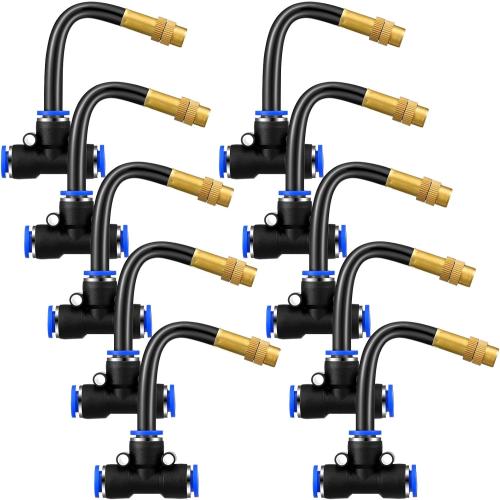 Zonon 10 Pcs Brass Misting Nozzles Tee with 4 Built in Hose for 0.32/8 mm Tubing 360 Degree Rotation Adjustable Water Mister Nozzle Thread Sprayer Misting Part Accessories for Patio Outdoor Cooling