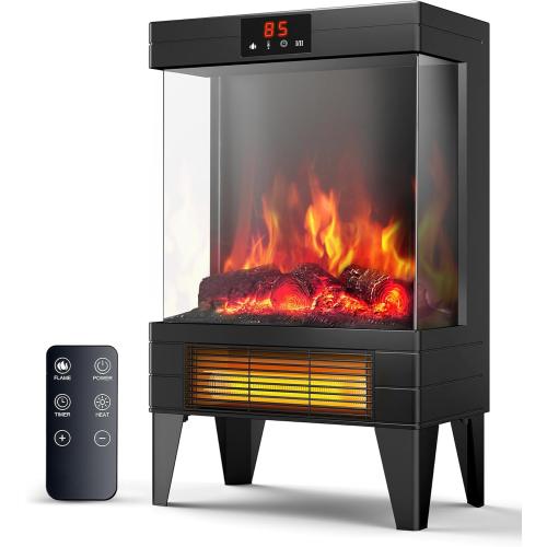 Electric Fireplace Stove Heater - Freestanding Fireplace Heater for Indoor Use with Realistic 3D Flame, Adjustable Thermostat & Remote, Quiet, Timer for Living Room and Bedroom