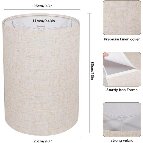 Tall Drum Lamp Shade for Table Lamps, Floor Lamp, Cloth Lampshade 10 Top X 10 Bottom X 13 High, Beige Large Line Fabric, Easy Assembly