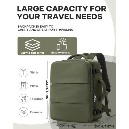 Large Travel Backpack For Women Men,Carry On Backpack For Traveling On Airplanes,Personal Item Travel Bag Laptop Work Backpacks Olive Green