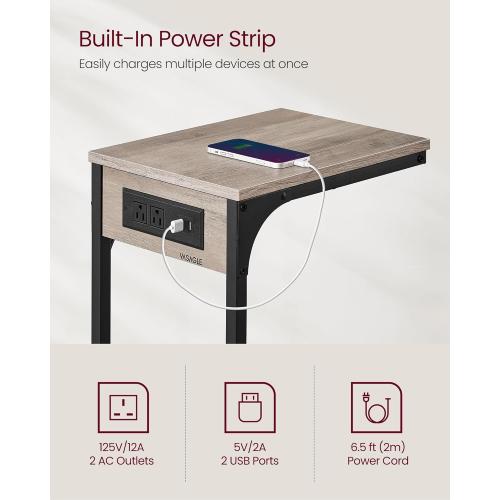 VASAGLE C-Shaped Side Table, End Table with Charging Station, C Table for Couch, Sofa, Adjustable Feet, for Bedroom, Living Room, 2 USB Ports and Outlets, Heather Greige ULET362K02