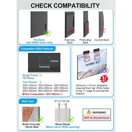 Ultra Slim TV Wall Mount Compatible with 14-80 Flat & Frame TVs Only, 0.3 Micro-Gap Low Profile TV Mount, Minimalist Look, Blends Any Interior, Hold up to 100Lbs