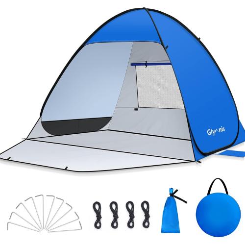 Blue Large Size Glymnis Pop Up Beach Tent Beach Shade Tent for 1-4 Persons Sun Shelter UPF 50  Enclose Zipper Door Portable Easy Up Beach Tent