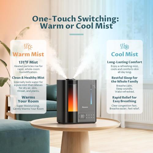 BREEZOME 8L Humidifiers for Bedroom, Warm & Cool Mist for Large Room Home, Top Fill Ultrasonic Humidifier, Humidity Sensor, Essential Oil, 60H Runtime, Quiet for Baby, Plants, Fast Relief