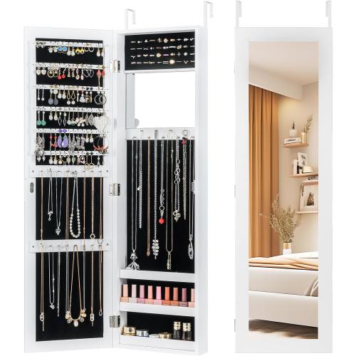 COSTWAY Full Length Mirror Jewelry Cabinet, Wall Door Mounted with Makeup Mirror, Ring Slots & Necklace Hooks, Large Storage Jewelry Armoire for Bedroom, Dressing Room (White)