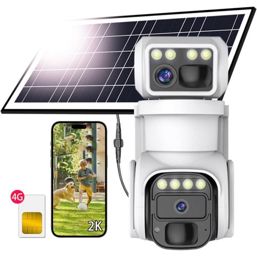 No WiFi Security Camera, 4G LTE Cellular Security Camera, 2K Solar Cellular Cam HD Dual Lens 360° Pan Tilt, Color Night Vision, PIR Motion Detection, IP66 Waterproof with Pre-Installed SIM(White)